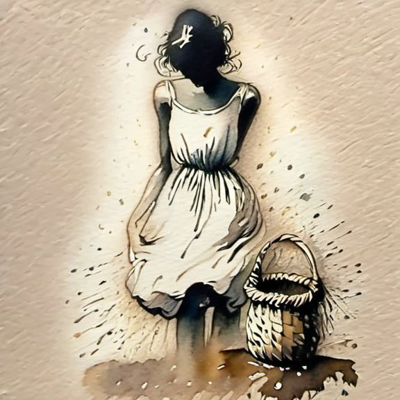 A young woman stands contemplatively in front of a storefront, pondering her choices. She wears a light sundress, and at her feet, a small basket awaits to be filled. Capture the moment of decision, the softness of the fabric, and evoke the anticipation of the purchase with subtle details<lora:Milo_Manara_Style_Concept:1> <lora:linquivera:0.8> linquivera, liiv1 <lora:SDXLInkStains:1> Inkstains <lora:NicolaSamori:0.8> <lora:EnvyStylizedXL02:0.8> <lora:Ink_drawing_style:1> <lora:v0ng44g005:1>
