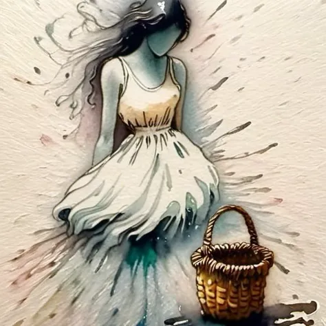 A young woman stands contemplatively in front of a storefront, pondering her choices. She wears a light sundress, and at her feet, a small basket awaits to be filled. Capture the moment of decision, the softness of the fabric, and evoke the anticipation of the purchase with subtle details<lora:Milo_Manara_Style_Concept:1> <lora:linquivera:0.8> linquivera, liiv1 <lora:SDXLInkStains:1> Inkstains <lora:NicolaSamori:0.8> <lora:EnvyStylizedXL02:0.8> <lora:Ink_drawing_style:1> <lora:v0ng44g005:1>