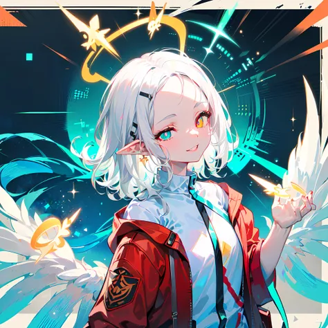 (Highest picture quality),(Master's work),(ultra-detailed),(Detailed eye description:1.0),(lens flare:1.0),( poster:1.0),(Tarot border:1.0),the portrait is centered,(close-up:1.0),(nagative space:0.8),(negative space:1.6),(solo),(floating colorful particles:1.0),(many colorful halos:1.0),(floating red feathers:1.0),(musical wings:1.0), (ray tracing,glowing:1.2), (colorful:1.0),(beautiful detailed glow:1.0),(leaning back:1.0),(smirk:1.0),(lips,eyelashes:1.0),,(),one eye closed,(white hair:1.4),(medium hair:1.0),(from behind),(halo:1.3),(head tilt:1.0),(dynamic pose:1.0),(asymmetrical hair:1.3),(red dress:1.0),(sci-fi,futuristic),(pants),(aqua pupils:1.4),(forehead:1.5),asymmetrical bangs,one eye covered,wavy hair,sweater,pointy ears,(elf:0.5),city,skyscraper,indoors,inside,hairpin,standing