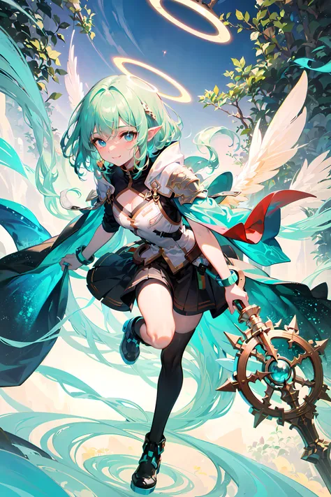 (Highest picture quality),(Master's work),(ultra-detailed),(Detailed eye description:1.0),(lens flare:1.0),( poster:1.0),(Tarot border:1.0),the portrait is centered,(close-up:1.0),(nagative space:0.8),(negative space:1.6),(solo),(floating colorful rocks:1.0),(many colorful spirals:1.0),(floating lime blades:1.0),(fire wings:1.0), (easygoing,pastel:1.2), (multicolored:1.0),(beautiful detailed glow:1.0),(leaning forward:1.2),(smirk:1.0),(small:1.0),,(),,(aqua hair:1.4),(medium hair:1.0),(from below:1.3),(halo:1.3),(head tilt:1.0),(dynamic pose:1.1),(asymmetrical hair:1.2),(green armor:1.0),(sci-fi,futuristic),(layered skirt),(blue eyes:1.4),blunt bangs,,drill hair,long coat,(floating cape:1.0),(pointy ears,(elf:0.5):1.1),(forest,garden:1.4),(outdoors,outside:1.1),hairpin,tiara,(standing on one leg:1.1),(dark skin:1.1),(full body:1.25),fang, skin fang, slit pupils, + +