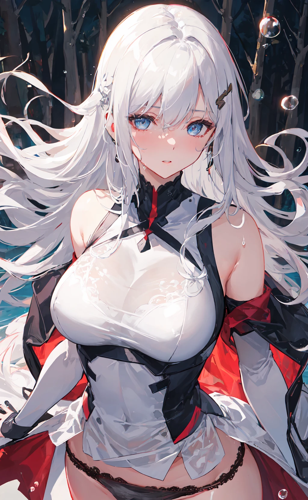 (masterpiece), (best quality), (ultra detailed),(disheveled hair),(illustration), (1girl), (Fashionable clothing), standing, Fashion model , perfect face,Floating,(high saturation),(colorful splashes),colorful bubble,(shining),focus on face, (hair ornament) , earpiece, long hair, ((panties)), pantyhouse, white lace, upper body, white hair, shiny hair, large_breasts, action_pose, futuristic, heavy breathing, sweat, lustrous skin, finely detailed beautiful eyes, white clothes, high heels, white lace gloves, illustration, see-through, white lace underwear, transparent clothes, fashion clothes, (((forest))), portrait