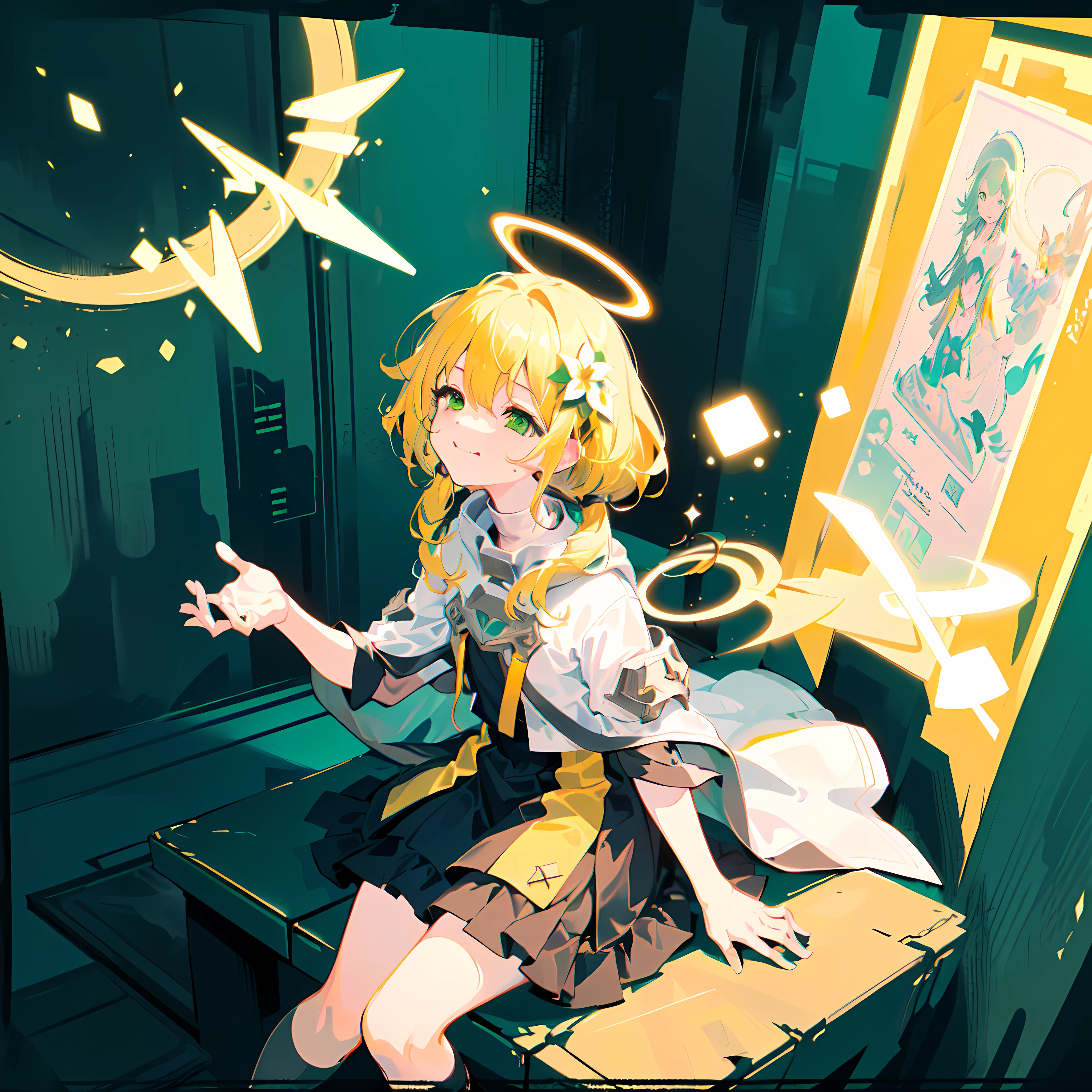 (Highest picture quality),(Master's work),(ultra-detailed),(Detailed eye description:1.0),(lens flare:1.0),(movie poster:1.0),(Tarot border:1.0),the portrait is centered,(close-up:1.0),(nagative space:0.8),(negative space:1.6),(solo),(floating colorful blood:1.0),(many colorful halos:1.0),(floating green blades:1.0),(earth wings:1.0), (easygoing,pastel:1.2), (multicolored:1.0),(beautiful detailed glow:1.0),(:1.0),(smirk:1.0),(small:1.0),(closed mouth:1.0),(),(closed eyes:1.22),(yellow hair:1.4),(medium hair:1.0),(from above),(halo:1.3),(head tilt:1.0),(dynamic pose:1.0),(asymmetrical hair:1.3),(grey outfit:1.0),(urban style),(layered skirt),(green eyes:1.4),hair between eyes,high twintails,straight hair,,(floating cape:1.0),,swamp,indoors,inside,hair flower,sitting