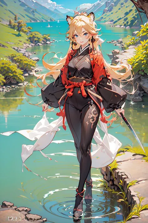 Best quality, masterpiece, ultra high res, 1girl, cute, , kawaii face, detailed skin, blue eyes, (long blonde hair, wavy hair with sidelocks), (tiger ears:1.2, tiger tail:1.2), gu, full body, slim, (weapon, holding weapon, katana), arm guards, tabi, tiger fur coat, yellow and black, <lora:wuxia2:0.8> ulzzang-6500-v1.1:1.5 <lora:shojovibe_v11:0.7>
walking in forest, bloom, bamboo, lake, river, rocks