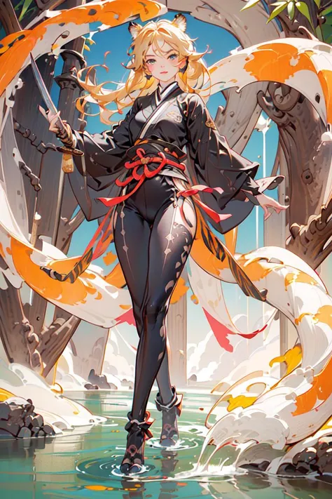 Best quality, masterpiece, ultra high res, 1girl, cute, , kawaii face, detailed skin, blue eyes, (long blonde hair, wavy hair with sidelocks), (tiger ears:1.2, tiger tail:1.2), gu, full body, slim, (weapon, holding weapon, katana), arm guards, tabi, tiger fur coat, yellow and black, <lora:wuxia2:0.8> ulzzang-6500-v1.1:1.5  <lora:shojovibe_v11:0.7>
walking in forest, bloom, bamboo, lake, river, rocks