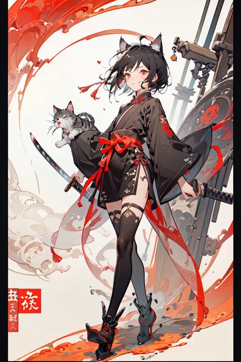 Best quality, masterpiece, ultra high res, 1girl, solo, cute, petite, , childish look, kawaii face, detailed skin, red eyes, (short black hair, A-line bob cut hair), (cat ears:1.2, cat tail:1.2), gu, full body, slim, (weapon, holding weapon, katana), arm guards, tabi, black and red, <lora:wuxia2:0.8>
walking in the street of a Chinese village