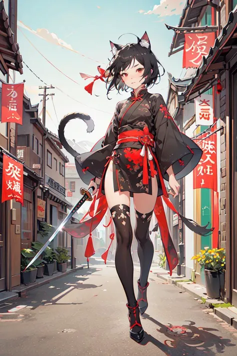 Best quality, masterpiece, ultra high res, 1girl, solo, cute, petite, 10 years old, childish look, kawaii face, detailed skin, red eyes, (short black hair, A-line bob cut hair), (cat ears:1.2, cat tail:1.2), gu, full body, slim, (weapon, holding weapon, katana), arm guards, tabi, black and red, <lora:wuxia2:0.8>
walking in the street of a Chinese village