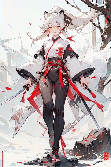 Best quality, masterpiece, ultra high res, 1girl, cute, , kawaii face, detailed skin, yellow eyes, (long white hair, high ponytail), (white tiger ears:1.2, white tiger tail:1.2), gu, full body, slim, (weapon, holding weapon, katana), arm guards, tabi, white and black, <lora:wuxia2:0.8>
walking in snowy mountain, rocks