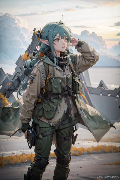 militaryru, solo, 1girl, elfgirl, ratnik, <lora:ratnik:1>, anime, explosion, armor,