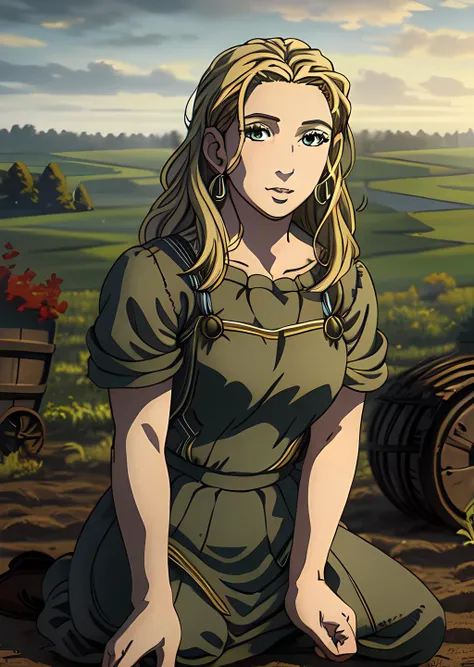 <lora:Arnheid:0.8>, Arnheid, small breasts, kneeling, detailed face, detailed eyes, rule of third, looking at viewer, farm background, detailed background, ultradetailed, (masterpiece), best quality, intricate details, ultra details, ultra quality,