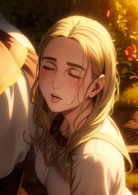 (masterpiece, best quality, intricate details, ultra details, ultra quality)<lora:Arnheid:0.7>, Arnheid, small breasts, detailed face, blush, looking up, from above, ahetobleh, hands on own head, closed eyes, long tongue, farm background, detailed background, warm lighting