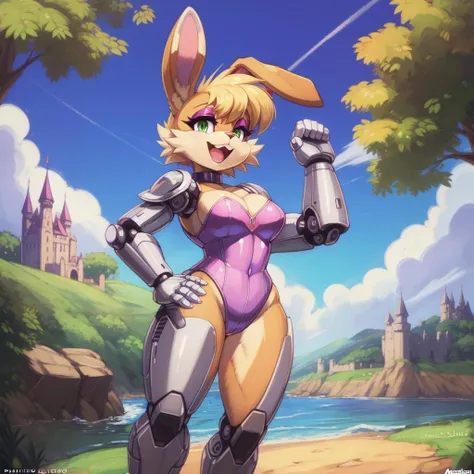 sonic the hedgehog (series), Bunnie rabbot, uploaded on e621, (((by marthedog, by naoto oshima, by pixelsketcher))), (((only one mechanical arm))), masterpiece, best quality, 4k, 1girl, solo, breasts, looking at viewer, smile, short hair, open mouth, blonde hair, gloves, animal ears, bare shoulders, green eyes, standing, tail, full body, small breasts, boots, outdoors, sky, teeth, day, artist name, cloud, water, armor, rabbit ears, leotard, tree, blue sky, hand on hip, bodysuit, makeup, watermark, half-closed eyes, leg up, happy, standing on one leg, grass, rabbit tail, furry, eyeshadow, rabbit girl, furry female, armored boots, body fur, greaves, white fur, animal nose, castle, pink leotard, buck teeth, pink fur, pink eyeshadow, Bunnie Rabbot, mechanical arms, cyborg, prosthesis, robot joints, prosthetic arm, mechanical legs,
 <lora:Bunnie Rabbot:1>