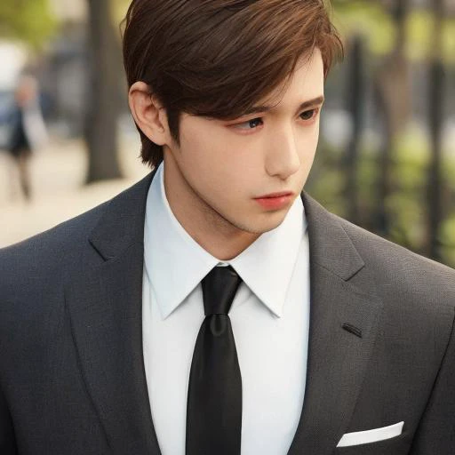 necktie,formal,suit,black_necktie,solo,shirt,white_shirt,black_jacket,male_focus,outdoors,collared_shirt,brown_hair,