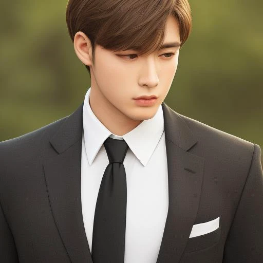 necktie,formal,suit,black_necktie,solo,shirt,white_shirt,black_jacket,male_focus,outdoors,collared_shirt,brown_hair,