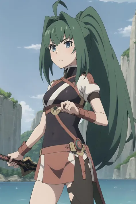 solo, akari, skirt, 1girl, solo, long_hair, blue_eyes, night, ponytail, ahoge, weapon, hair_intakes, green_hair, cliff, sky, black_hair, sheath, sword, dark, cave, night_sky, outdoors, blue_hair, water, breasts, armor