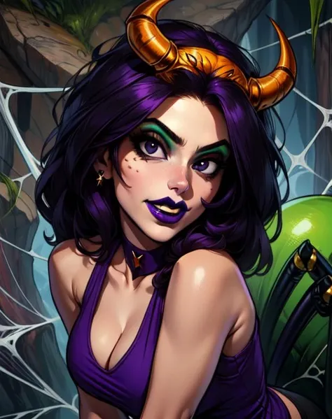 velmag,black eyes,purple lips, green spider butt, solo, arthropod girl,
choker,horns,purple vest,bare shoulders,jewelry, cleavage, light smile,
cave, spider web,
(insanely detailed, beautiful detailed face, masterpiece, best quality) <lora:VelmaGreen-10v6:0.8>
