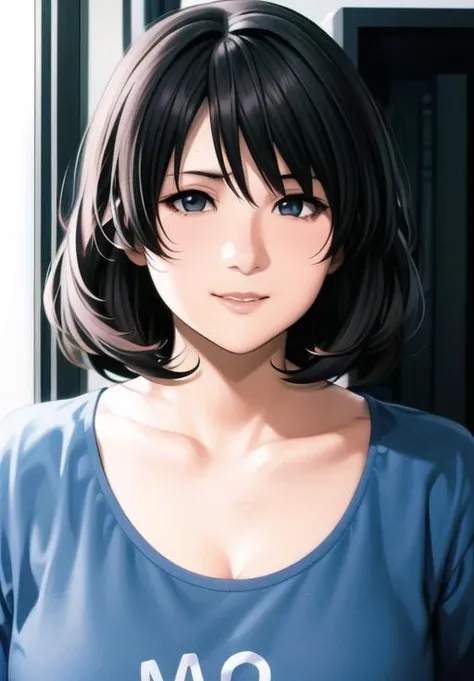 Simple White Background,
blue Shirt,
<lora:Konyre-V1:0.6>,<lora:Jinguuji_Marimo_Muv_Luv-KK77-V1:0.4>,
bangs, black hair, short hair,Black Eyes,
<lora:Mariana_Luciano_NON_VIRGIN-KK77-V1:0.3>,<lora:more_details:0.1>,
1 girl, 20yo,Young female,Beautiful Finger,Beautiful long legs,Beautiful body,Beautiful Nose,Beautiful character design, perfect eyes, perfect face,expressive eyes,perfect balance,
looking at viewer,(Focus on her face),closed mouth, (innocent_big_eyes:1.0),Light_Smile,
official art,extremely detailed CG unity 8k wallpaper, perfect lighting,Colorful, Bright_Front_face_Lighting,shiny skin,
(masterpiece:1.0),(best_quality:1.0), ultra high res,4K,ultra-detailed,
photography, 8K, HDR, highres, absurdres:1.2, Kodak portra 400, film grain, blurry background, bokeh:1.2, lens flare, (vibrant_color:1.2),professional photograph,
(Beautiful,large_Breasts:1.4), (beautiful_face:1.5),(narrow_waist),