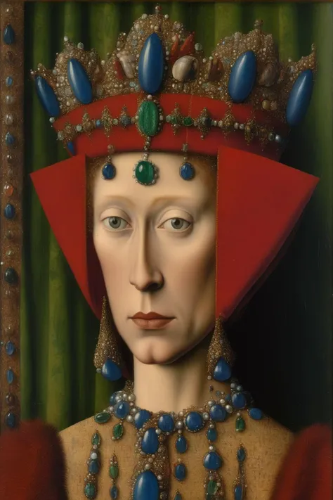 <lora:Jan van Eyck Style:1>Jan van Eyck Style - a Jan Van Eyck style painted portrait of a queen wearing medieval jewels