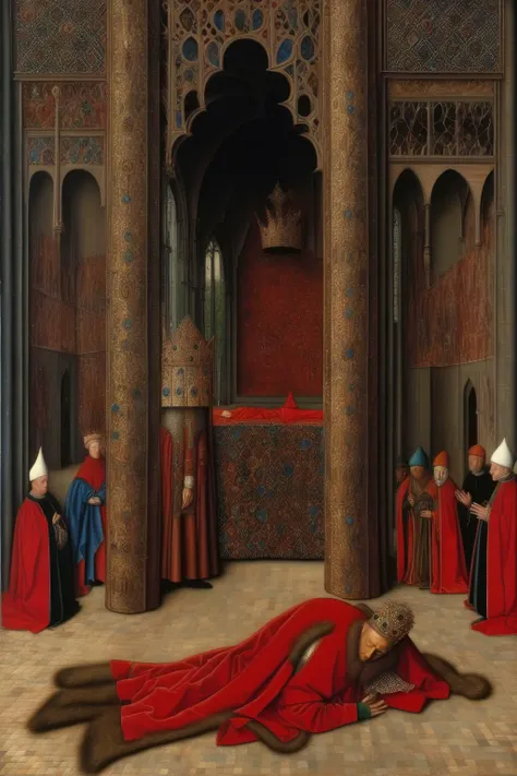 <lora:Jan van Eyck Style:1>Jan van Eyck Style - Jan van eyck style painting of a man laying prostrate in front of a king