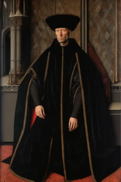 <lora:Jan van Eyck Style:1>Jan van Eyck Style - portrait of a royal man in the black robes, sitting in the castle painted