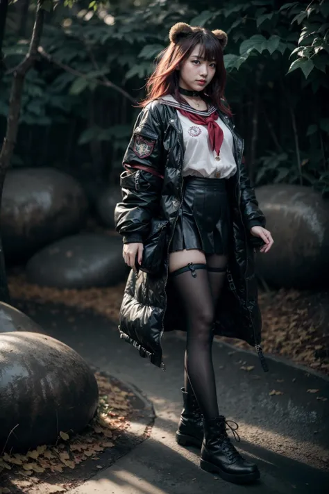 (realistic:1.3), finely detailed, quality, rembrandt lighting, (masterpiece:1.2), (photorealistic:1.2), (best quality), (detailed skin:1.3), (intricate details), dramatic, ray tracing, 1girl, japanese girl, 21 years old, detailed skin texture, (blush:0.5), (goosebumps:0.5), subsurface scattering, smiling, medium breasts, zima, solo, long hair, black hair, red hair, multicolored hair, blue eyes, black jacket, fur-trimmed jacket, pleated skirt, choker, school uniform, sailor suit, wide collar shirt, (red neckerchief:1.2), open jacket, bear ears, animal ears, (red pantyhose:1.2), boots, (dynamic pose, bright sunny day), <lora:zima-06:1>