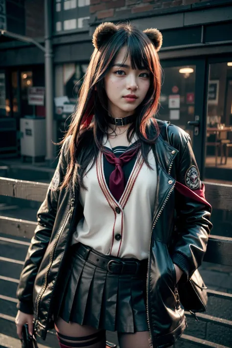 (realistic:1.3), finely detailed, quality, rembrandt lighting, (masterpiece:1.2), (photorealistic:1.2), (best quality), (detailed skin:1.3), (intricate details), dramatic, ray tracing, 1girl, japanese girl, 21 years old, detailed skin texture, (blush:0.5), (goosebumps:0.5), subsurface scattering, smiling, medium breasts, zima, solo, long hair, black hair, red hair, multicolored hair, blue eyes, black jacket, fur-trimmed jacket, pleated skirt, choker, school uniform, sailor suit, wide collar shirt, (red neckerchief:1.2), open jacket, bear ears, animal ears, (red pantyhose:1.2), boots, (dynamic pose, bright sunny day), <lora:zima-06:1>