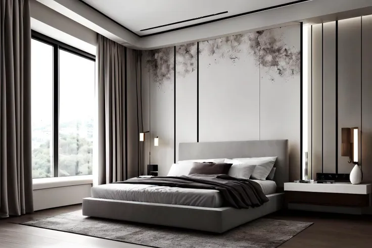 interior design,bed room,Chinese style,no humans,indoors,lamp,bed,pillow,curtains,scenery,window,