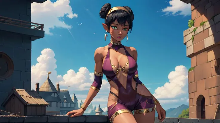best quality,(masterpiece:1.1),(ultra-detailed:1.1),(high quality:1.1),(high resolution:1.1),<lora:Buki:0.7>,1girl,black hair,breasts,buki,center opening,cleavage,dark skin,dark-skinned female,double bun,earrings,green eyes,hair bun,hairband,jewelry,leg up,lips,pointy ears,short hair,single hair bun,solo,upper body,fantasy building,outside,cloud,
