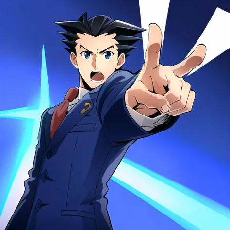 masterpiece, best quality, 1man, phoenix wright, black hair, spiked hair, formal, blue suit, necktie, blue pants, objection, 2 fingers pointing, 2 fingers, <lora:aa_dp-11:0.9>,