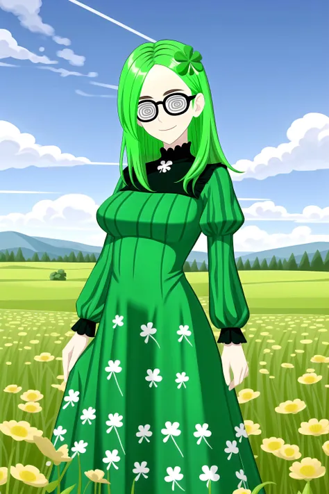 masterpiece, best quality, <lora:LCM_LoRA_Weights_SD15:1>, midoriko <lora:midoriko232:0.6>, mature female, opaque glasses, spiral glasses, green hair, edgShamrock <lora:edgShamrockv1:0.6>, clover hair ornament, green dress, striped dress, clover print, long dress, juliet sleeves, frilled dress, layered dress, gown, looking at viewer, light smile, contrapposto, (outdoors:1.1), four-leaf clover, (field:1.1), grasslands, blue sky, mountainous horizon