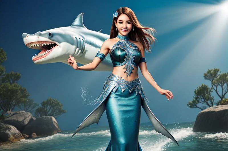 mermaid, age anime girl, kneeless, gills on both sides of chest, smiling with a mouth full of shark teeth, ear fins, shark tail, solo, in a backyard, Volumetric Lighting, full body view, masterpiece, 16K, hyper-detailed, deep eyes, stunning, intricate, sharp, smooth, realistic, expanded view