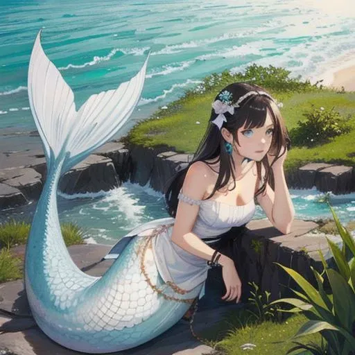 Mermaid, long tail mermaid, woman, posing,seashore, Head decorations, Pearl, long hair, Dark hair, Turquoise eyes, Lying on your side,White dress, Scales on the hands,