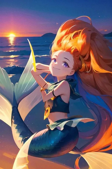 ,1girl,  (disheveled hair),[orange hair:purple buttom hair:0.8],,zoe,long hair,multicolored hair,blue and purple  eyes,child,smile,mermaidtail,
mermaid,
on the beach,over the sea,ocean,over the sea,on the ocean,beautiful purple sunset at beach in the ocean,on the ocean,