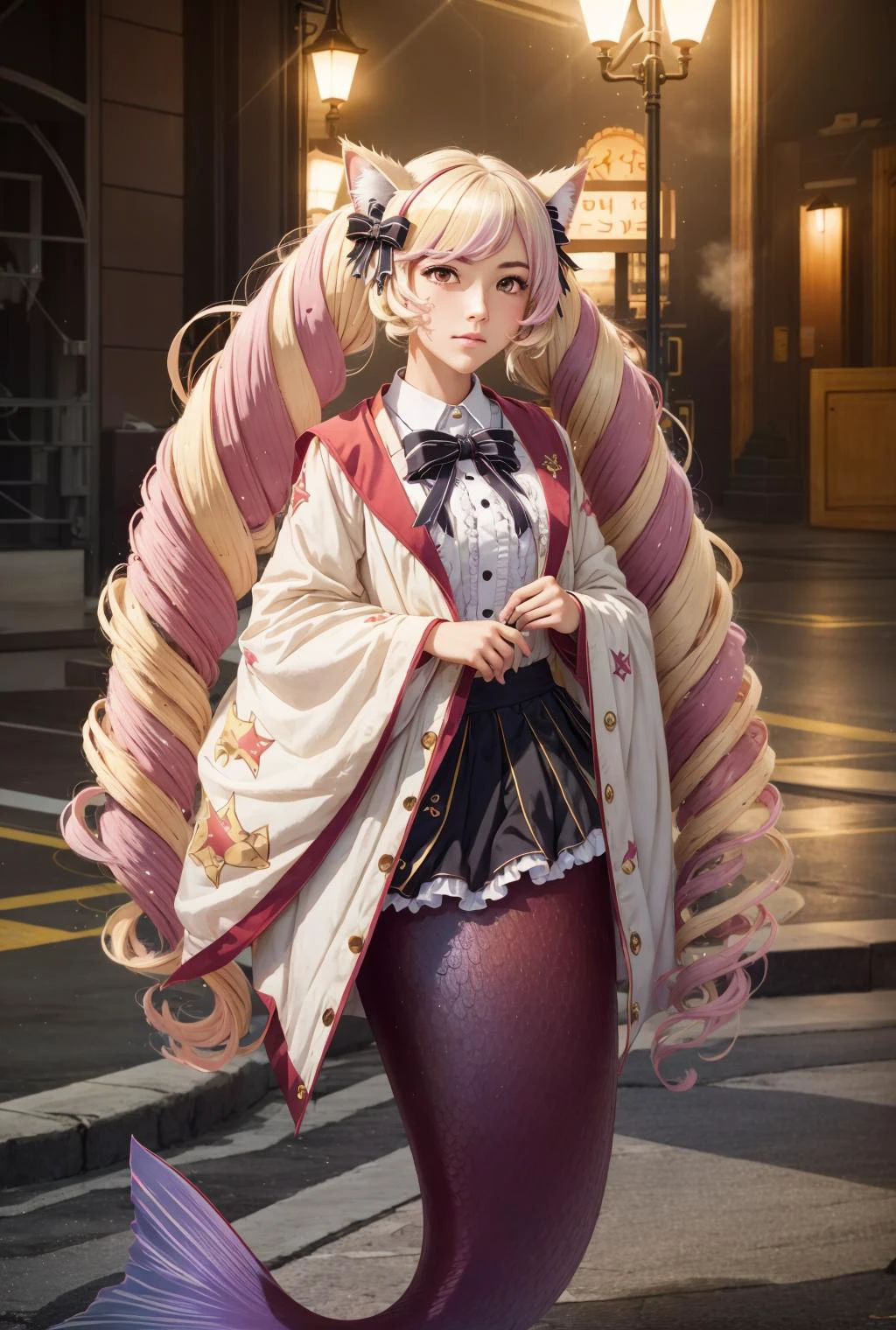 mermaid, monster girl, <lora:Ð ÑÑалка( mermaid, monster girl):1.5>, <lora:ÐоÑка-девоÑка из Ñок ÑоÑ(Himeko, very long hair, red eyes, hair bow, twin_drills, twintails, long hair,cat ears, yellow cat ears,):0.7>,Himeko, very long hair, red eyes, hair bow, twin_drills, twintails, long hair,cat ears, yellow cat ears,, 1girl in full growth, best quality, masterpiece, ultra-detailed, high quality, perfect nose, highly detailed skin, warm skin tone, defiance512, RAW photo, best quality, high resolution, (masterpiece), dreamlike, dreamy, modelshoot style, analog style, tonemapping, photorealistic, professional photography, sharp focus, HDR, 8K resolution, intricate detail, sophisticated detail, hyper detailed, (depth of field), highlight and shadow, volumetric lighting, cinematic bloom, professional light, looking at viewer, blotchy,