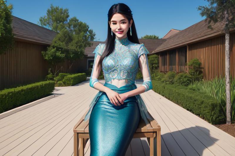 A close up of a woman sitting on a bench in a blue dress - SeaArt AI