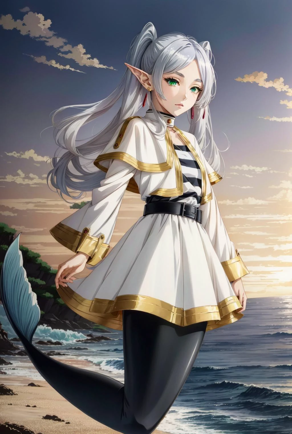 mermaid, monster girl, <lora:Ð ÑÑалка( mermaid, monster girl):1>,<lora:ФÑиÑен пÑовожаÑÑÐ°Ñ Ð² поÑледний пÑÑÑ(aafrie,long hair, white hair,twintails, pointy ears,earrings, thick eyebrows,(Ñм одеждÑ):0.8>,aafrie, long hair, (white hair), 2twintails, pointy ears, earrings, thick eyebrows, white capelet, striped shirt, long sleeves, belt, white skirt, black pantyhose,green eyes, small breasts, flat, anime style, anime colors,detailed anime,animeHD, anime eyes, bigger eyes, high quality anime, large anime pupils, 1girl (in full growth), best quality, masterpiece, ultra-detailed, high quality,perfect anatomy, (perfect full body), (detailed full body), good eyes, perfect face, pretty face,(beautiful and aesthetic:1.2),beautiful eyes, anime eyes, detailed eyes,Exquisite visuals, high-definition