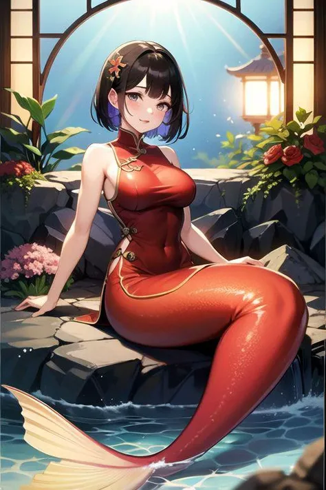 an image female character in oriental dress posing over flowers and water, 1girl, solo, dress, breasts, smile, parted lips, chinese clothes, china dress, looking at viewer, short hair, large breasts, mermaid, bare shoulders, closed mouth, sleeveless, bare arms, sitting, white dress, blush, sleeveless dress,