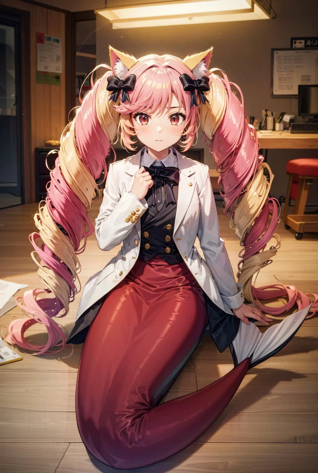 mermaid, monster girl, <lora:Ð ÑÑалка( mermaid, monster girl):1.5>, <lora:ÐоÑка-девоÑка из Ñок ÑоÑ(Himeko, very long hair, red eyes, hair bow, twin_drills, twintails, long hair,cat ears, yellow cat ears,):0.7>,Himeko, very long hair, red eyes, hair bow, twin_drills, twintails, long hair,cat ears, yellow cat ears,, 1girl in full growth, best quality, masterpiece, ultra-detailed, high quality, perfect nose, highly detailed skin, warm skin tone, defiance512, RAW photo, best quality, high resolution, (masterpiece), dreamlike, dreamy, modelshoot style, analog style, tonemapping, photorealistic, professional photography, sharp focus, HDR, 8K resolution, intricate detail, sophisticated detail, hyper detailed, (depth of field), highlight and shadow, volumetric lighting, cinematic bloom, professional light, looking at viewer, blotchy,