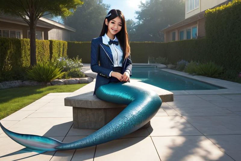 mermaid, age anime girl, kneeless, gills on both sides of chest, smiling with a mouth full of shark teeth, ear fins, shark tail, solo, in a backyard, Volumetric Lighting, full body view, masterpiece, 16K, hyper-detailed, deep eyes, stunning, intricate, sharp, smooth, realistic, expanded view