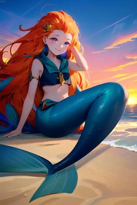 ,1girl,  (disheveled hair),[orange hair:purple buttom hair:0.8],,zoe,long hair,multicolored hair,blue and purple  eyes,child,smile,mermaidtail,
mermaid,
on the beach,over the sea,ocean,over the sea,on the ocean,beautiful purple sunset at beach in the ocean,on the ocean,underwater, bubble,