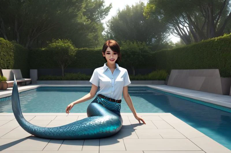 mermaid, age anime girl, kneeless, gills on both sides of chest, smiling with a mouth full of shark teeth, ear fins, shark tail, solo, in a backyard, Volumetric Lighting, full body view, masterpiece, 16K, hyper-detailed, deep eyes, stunning, intricate, sharp, smooth, realistic, expanded view