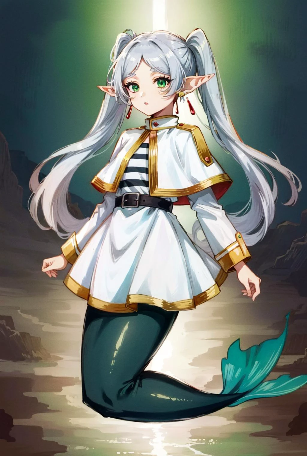 mermaid, monster girl, <lora:Ð ÑÑалка( mermaid, monster girl):1>,<lora:ФÑиÑен пÑовожаÑÑÐ°Ñ Ð² поÑледний пÑÑÑ(aafrie,long hair, white hair,twintails, pointy ears,earrings, thick eyebrows,(Ñм одеждÑ):0.8>,aafrie, long hair, (white hair), 2twintails, pointy ears, earrings, thick eyebrows, white capelet, striped shirt, long sleeves, belt, white skirt, black pantyhose,green eyes, small breasts, flat, anime style, anime colors,detailed anime,animeHD, anime eyes, bigger eyes, high quality anime, large anime pupils, 1girl (in full growth), best quality, masterpiece, ultra-detailed, high quality,perfect anatomy, (perfect full body), (detailed full body), good eyes, perfect face, pretty face,(beautiful and aesthetic:1.2),beautiful eyes, anime eyes, detailed eyes,Exquisite visuals, high-definition