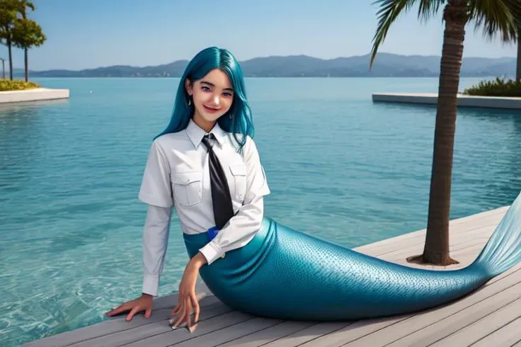 mermaid, teenage anime girl, kneeless, gills on both sides of chest, smiling with a mouth full of shark teeth, ear fins, shark tail, solo, in a backyard, Volumetric Lighting, full body view, masterpiece, 16K, hyper-detailed, deep eyes, stunning, intricate, sharp, smooth, realistic, expanded view