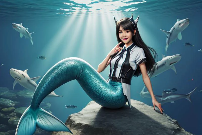 mermaid, age anime girl, kneeless, gills on both sides of chest, smiling with a mouth full of shark teeth, ear fins, shark tail, solo, in a backyard, Volumetric Lighting, full body view, masterpiece, 16K, hyper-detailed, deep eyes, stunning, intricate, sharp, smooth, realistic, expanded view