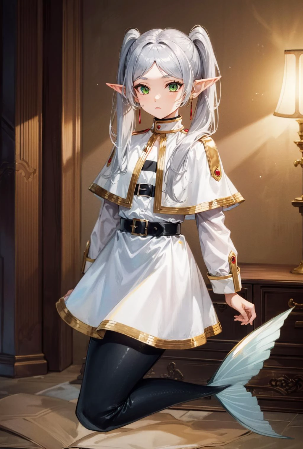 mermaid, monster girl, <lora:Ð ÑÑалка( mermaid, monster girl):1.2>,<lora:ФÑиÑен пÑовожаÑÑÐ°Ñ Ð² поÑледний пÑÑÑ(aafrie,long hair, white hair,twintails, pointy ears,earrings, thick eyebrows,(Ñм одеждÑ):0.8>,aafrie, long hair, (white hair), 2twintails, pointy ears, earrings, thick eyebrows, white capelet, striped shirt, long sleeves, belt, white skirt, black pantyhose,green eyes, small breasts, flat, 1girl in full growth, best quality, masterpiece, ultra-detailed, high quality, perfect nose, highly detailed skin, warm skin tone, defiance512, RAW photo, best quality, high resolution, (masterpiece), dreamlike, dreamy, modelshoot style, analog style, tonemapping, photorealistic, professional photography, sharp focus, HDR, 8K resolution, intricate detail, sophisticated detail, hyper detailed, (depth of field), highlight and shadow, volumetric lighting, cinematic bloom, professional light, looking at viewer, blotchy,
