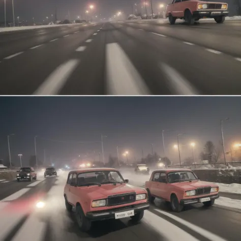 poster for , (drifting in motion), (road turn), several ((modified)) (colorful) lada cars, (racing), winter, night, against the background of soviet buildings, (russian city), cinematic lighting, color filters, dramatic