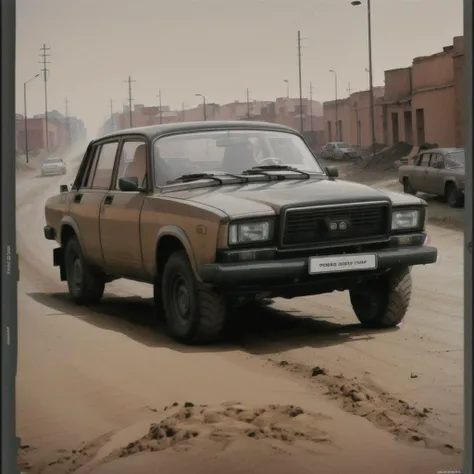 poster for , lada car in mad max, photo, ((soil and dirt flies out from under the wheels)), against the background of soviet buildings, (russian city), ((moscow)), cinematic lighting, color filters, dramatic