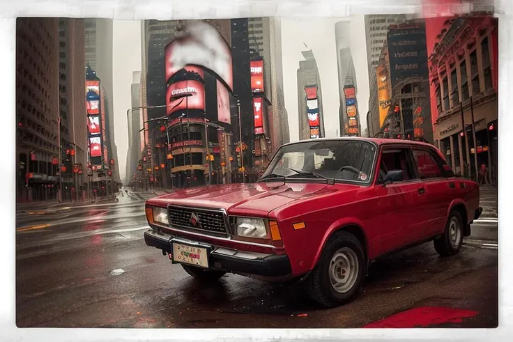 red car  <hypernet:lada2107SovietCar_lada1100:1.1>   on road of the  Times Square street ,   (cinematic:1.1),   (empty streets:1.2),  depth of field,  after rain, fog, Thunder Sky,  close-up,  wide angle, a professional photo, canon ef 15mm f 2.8, high contrast,