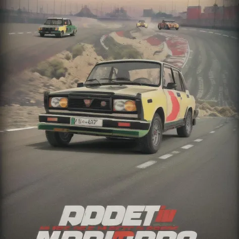 poster for , (drifting in motion), (((road turn))), (((wheels are turned))), (((several ((modified)) ((colorful)) (red) (black) (yellow) (green) lada cars))), ((racing)), winter, (night), ((soil and dirt flies out from under the wheels)), against the background of soviet buildings, (russian city), ((moscow)), cinematic lighting, color filters, dramatic