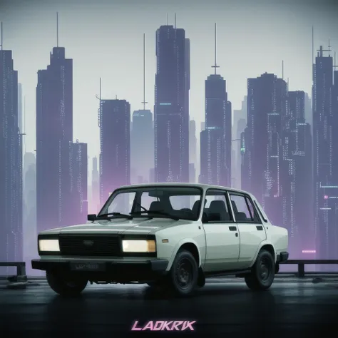 cyberpunk, neon, poster for movie, (lada car), clean lines, cinematic lighting, color filters, dramatic