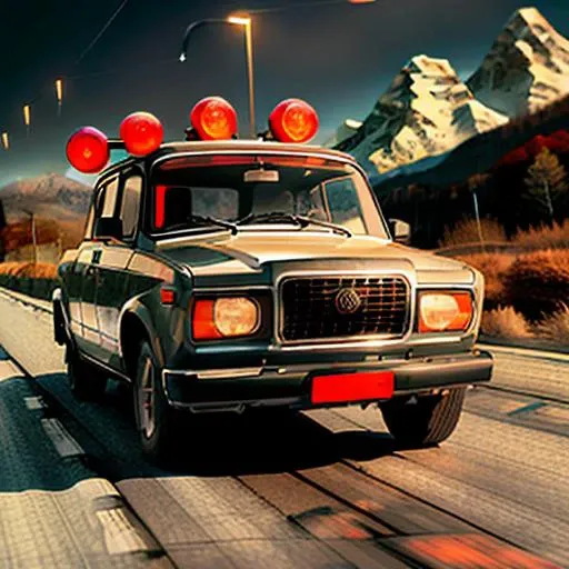 <hypernet:lada2107SovietCar_lada1100:1>, red car, long road, lights on, snow, mountains,  cool wheels